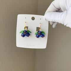 Blueberry Kidney earwire Earrings, Glass Fruit Dangle Earrings, Berry Drop Earrings, Fruit Jewelry Gift For Her