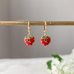 Tiny Strawberry huggie hoops Earrings, Strawberry Heart Charm Pendant, Cute Berry Fruit Earrings