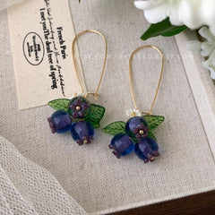 Blueberry Kidney earwire Earrings, Glass Fruit Dangle Earrings, Berry Drop Earrings, Fruit Jewelry Gift For Her