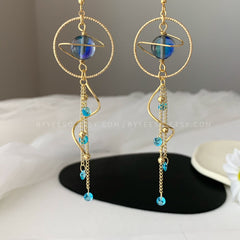 Planet Earrings Dangle - Universe statement earrings - Galaxy Long Drop Earrings - Unique dangle