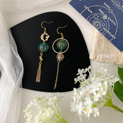 Green Glass Ball Planet Earrings Dangle, Gold Planet Asymmetry Earrings, Star and Moon dangle, Universe Saturn drop earrings