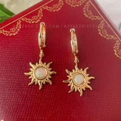 Gold Sun Charm Huggie Hoop Earrings, Sun Opal Earrings, Gold plated sun opal stone earrings