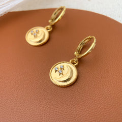 Moon and Star Earrings, Gold Moon Star Circle Charm Earrings, Celestial Huggie Hoop Earrings