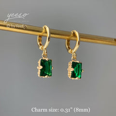 Emerald Green baguette hoops - Huggie Hoops Earring - Gemstone Dainty Minimalist Earrings