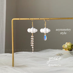 Asymmetry Rain Cloud Earrings Dangle - Fun white Cloud long drop earrings