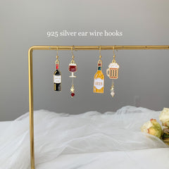 Beer bottle and beer mug earrings, red wine bottle and glass earrings, unique asymmetry Miniature Earrings