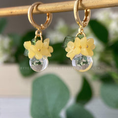 Mini Floral Huggies, Small Yellow Flower Drop Hoop Earrings, Summer Flower Clear Water Drop Earrings, Osmanthus Unique Dangle