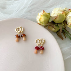 mushroom earrings - fun earrings - cute huggie earrings - gold hugggie