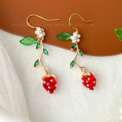 Strawberry Earrings - Strawberry Flower Leaf - Fruit Earrings - Cute - Creative Earrings - Gift - Handmade Earring