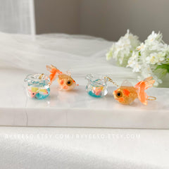 Goldfish and Fish Bowl Dangle Earrings, Goldfish fish bag earrings, fish tank earrings, Unique Dangle