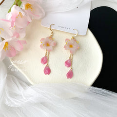 Pink Cherry Blossom Earrings, 3D Cherry Blossom Flower Earrings Dangle, Handmade floral jewelry, Unique Dangle